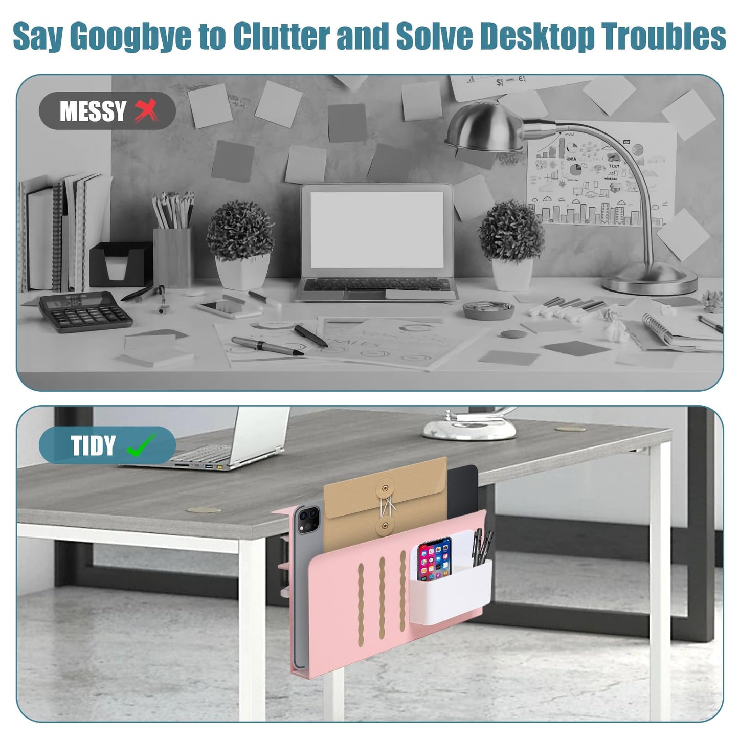Desk Side Storage Under Desk Laptop Holder, No Drill Hanging Desk Organizer with Pen Holder, Clamp-On Table Side Tray Desktop Organization Mount for Office and Home (White)