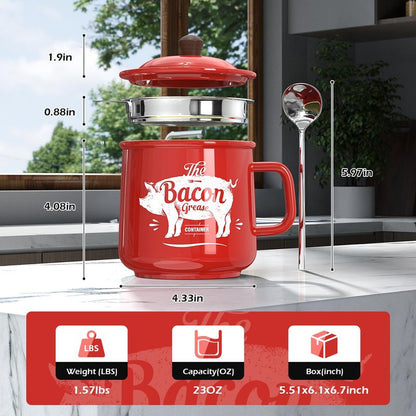 PGYARD Ceramic Bacon Grease Saver With Strainer - 23OZ Bacon Grease Container Farmhouse Keeper For Kitchen Fat Storage-Red