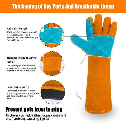 MOUTCLMB Animal Handling Gloves Bite Proof,17.7 Inches Welding Gloves,Double Leather Reinforced Padding Dog,Pet Gloves for Cat Dog Bird Falconry Snake