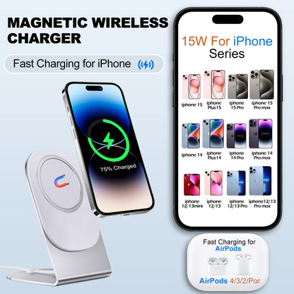 Magnetic Wireless Charger Mag-Safe Charger for iPhone 17/16/15/14/13/12 Series Convertible Magnet Wireless Charging Stand/Pad with 5ft Cable for iPhone and AirPods 2/3/Pro 2/Pro