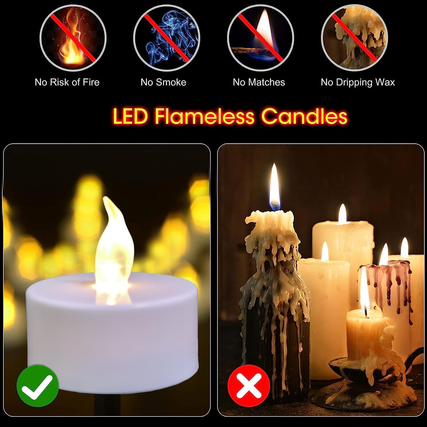 Battery tealights ,24 Pack Realistic and Bright Flickering Last 200 hours Longer Battery Operated Flameless LED Tea Lights candles for Holiday, Weddings, Birthdays,Halloween,Christmas(Warm White)