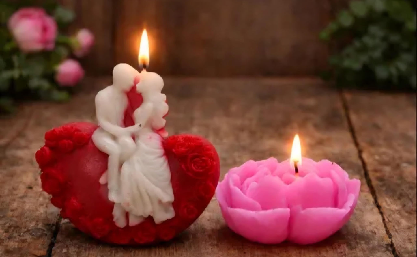 Decorative Candles Set, Romantic Couple and Rose Flower Shaped, Red and Pink, Wedding Anniversary Valentine's Day Theme