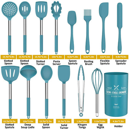 15 Pcs Silicone Cooking Utensils Kitchen Utensil Set - Umite Chef 446°F Heat Resistant Stainless Steel Handles Kitchen Gadgets Tools Set for Nonstick Cookware(Blue)