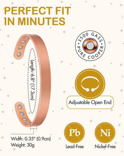 Feraco Copper Magnetic Bracelet for Men Women, 99.99% Pure Copper Cuff Bangle with 11X Effective Neodymium Magnets, Adjustable Jewelry Gifts (Set of 2)