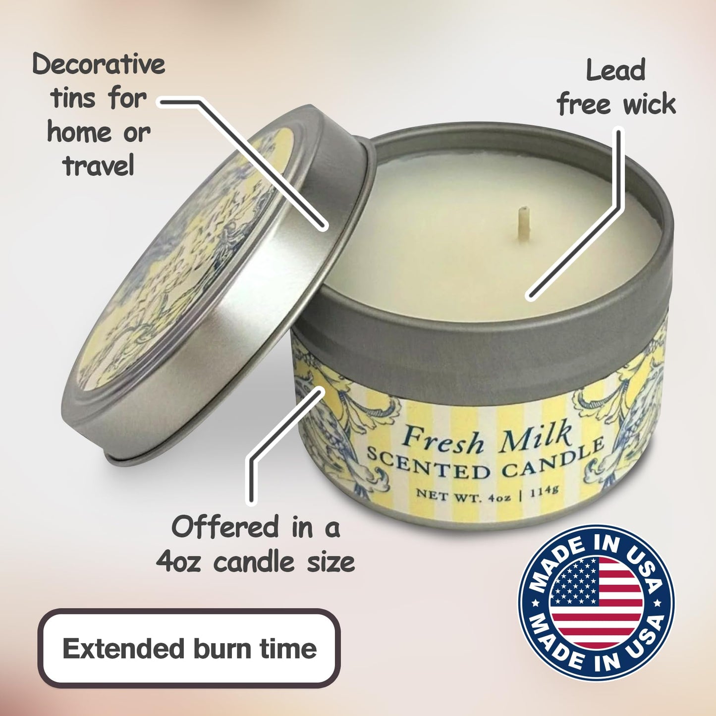 Greenwich Bay Hand-Poured Scented Candle in Decorative Tin – 4 oz/114 g Travel Candle with Lead-Free Wick, Vegetable Wax, Long-Burning Aromatherapy Gift, Single Wick – Made in USA (Fresh Milk)