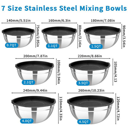 YJSLICT Stainless Steel Mixing Bowls with Lids Set (Size 0.7, 1.1, 1.5, 2.1, 3.5, 4, 4.5QT)