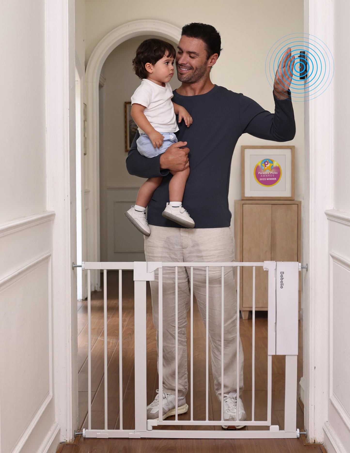 Babelio Smart Baby Gate with Auto-Unlock/Close, Pressure Mounted No Drill for Doorways/Top of Stairs. Pet/Dog Door Wide Walk Thru w/Infrared Sensor & Instant Safety Alert (White, 26.3-37.8" W, 30" H)