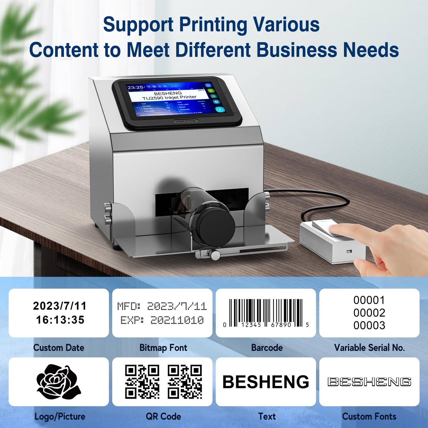 BESHENG Inkjet Coding Machine with 5 Inch Touch Screen Inkjet Coder with 42ml Original Quick-Drying Ink Cartridge Intelligence Batch Printer for Date/Time/Barcode/QR Code/Batch Number/Label/Picture