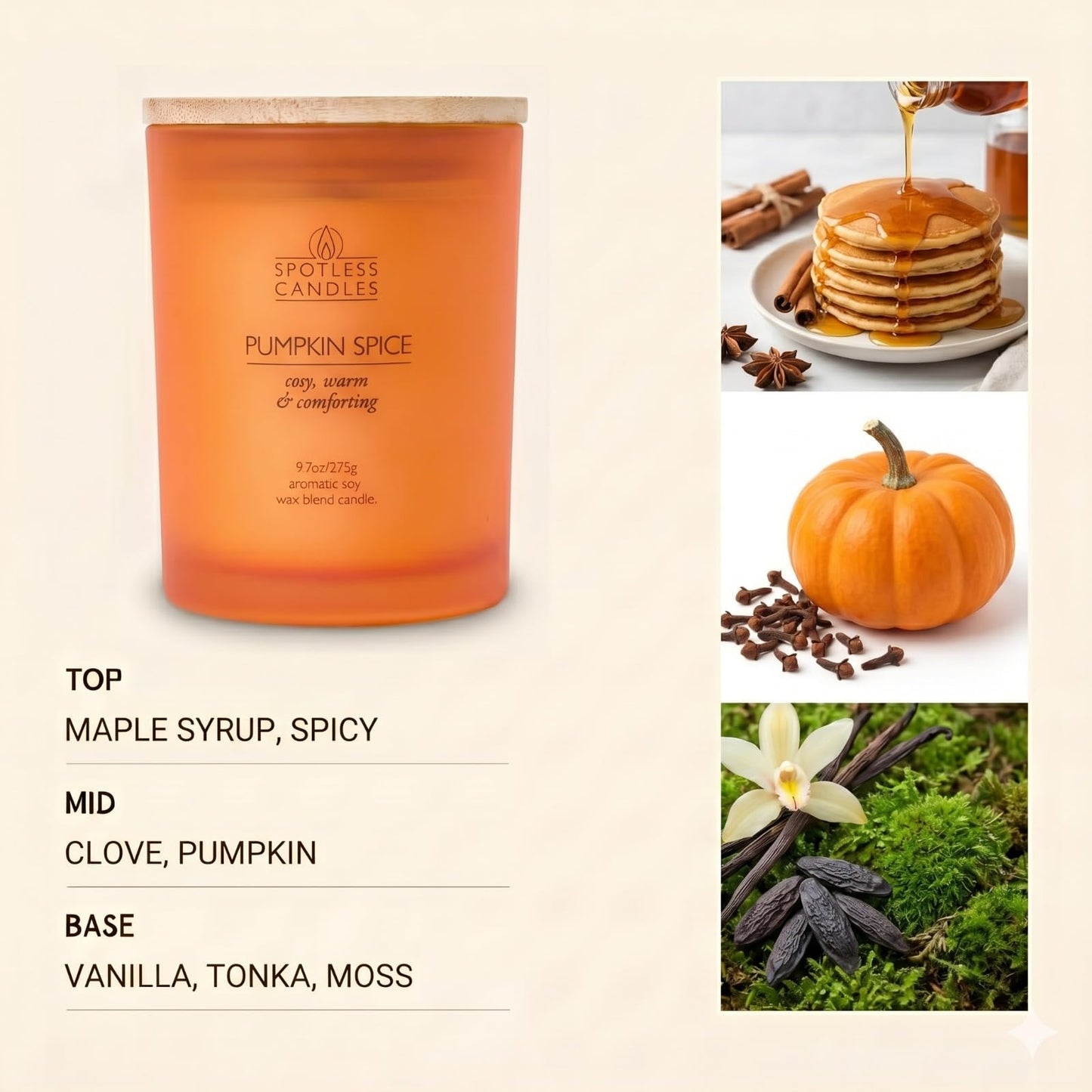 Pumpkin Spice Candle; 9.7 oz:, 55 Hrs Burn Time, Soy Wax Orange Frosted Jar with Crackling Wooden Wick & Luxury Gift Box: Pumpkin Spice Scented Candle by Spotless Candles