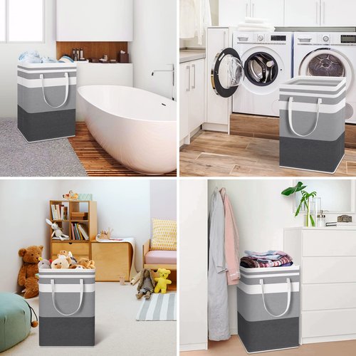 HomeHacks 2 Pack Large Laundry Baskets, Waterproof, Freestanding Laundry Hampers, Collapsible Clothes Hamper with Reinforced Handles in Laundry, College Dorm, Bathroom, Bedroom (Grey+Blue, 75Lx2)