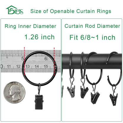 LLPJS Openable Curtain Rings with Clips, Open Drapery Rings with Hooks, Curtain Clips 1.26 inch Interior Diameter, Fit up to 1" Curtain Rod (Black, 1.26" I D Set of 36)