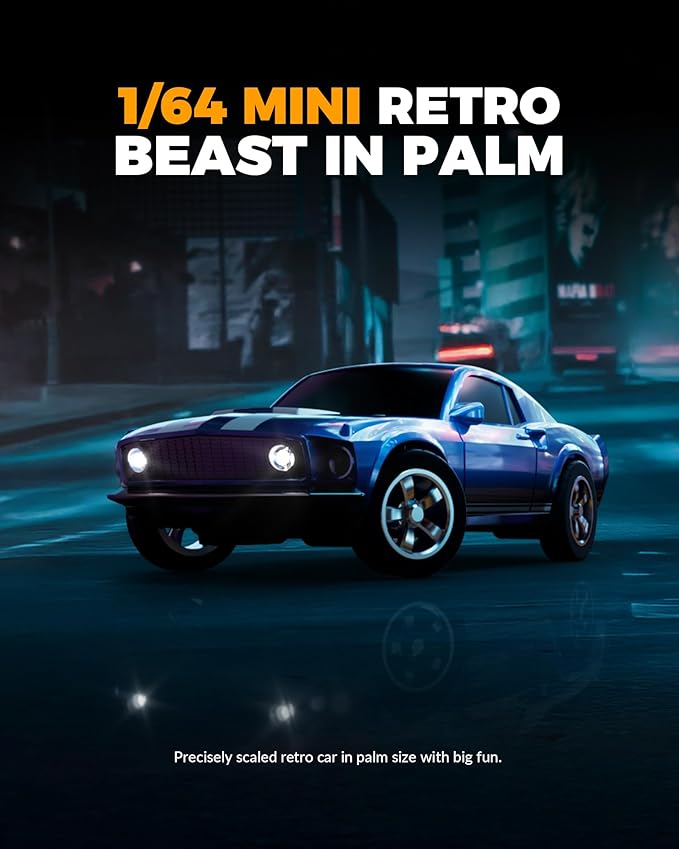 1/64 Scale Drift RC Car2.4Ghz Mini Sports CarEquipped with LED Lights and Mustang Retro Cars with Built-in GyroscopeProfessional Rear Wheel Drive30 Minute Driving Time (Silvery)