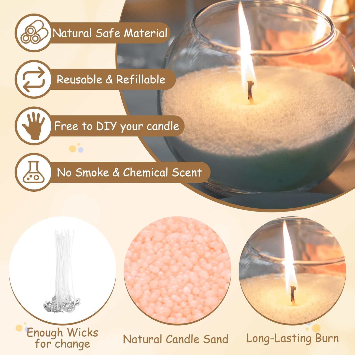 MECCANIXITY Pearled Sand Candles with 50 Pcs Wicks 21Oz / 600g Candle Beads Refillable Powder Sand Wax Making Kit for Thanksgiving Christmas Wedding Party DIY Home Crafts, Light Orange