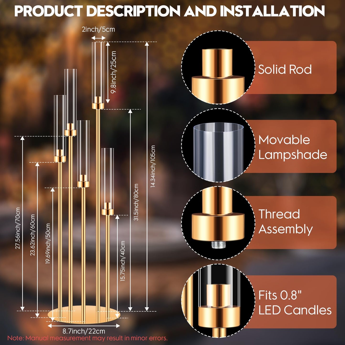 10 Set 5 Arm Gold Candle Holder, Mjkeomo 41.3'' Tall Candelabra Centerpieces for Tables Gold Candlesticks Holder for Housewarming Gift Fireplace Dinner Halloween Christmas Decor Fit 0.82'' LED Candle