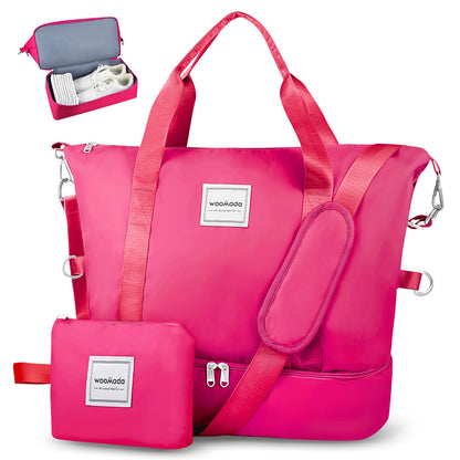 WOOMADA Weekender Bag for Women, Travel Duffel with Shoe Compartment & Wet Pocket, Personal Item & Overnight Bag for Airlines, Sport Gym Tote (Hot Pink)