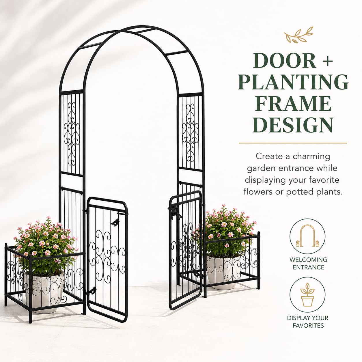 ELOMBR 7.2FT Metal Garden Arch Trellis, Heavy Duty Metal Garden Arbor with Door&Planting Frame for Climbing Plants Outdoor, Double-Layered Trellis Arch for Wedding Ceremony Party, Black, 16mm