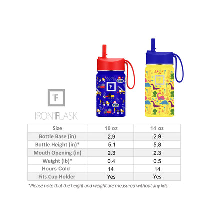IRON °FLASK Kids Water Bottle - Straw Lid, 20 Name Stickers, Vacuum Insulated Stainless Steel, Double Walled Tumbler Travel Cup, Mug - Roadtrip, 14 Oz