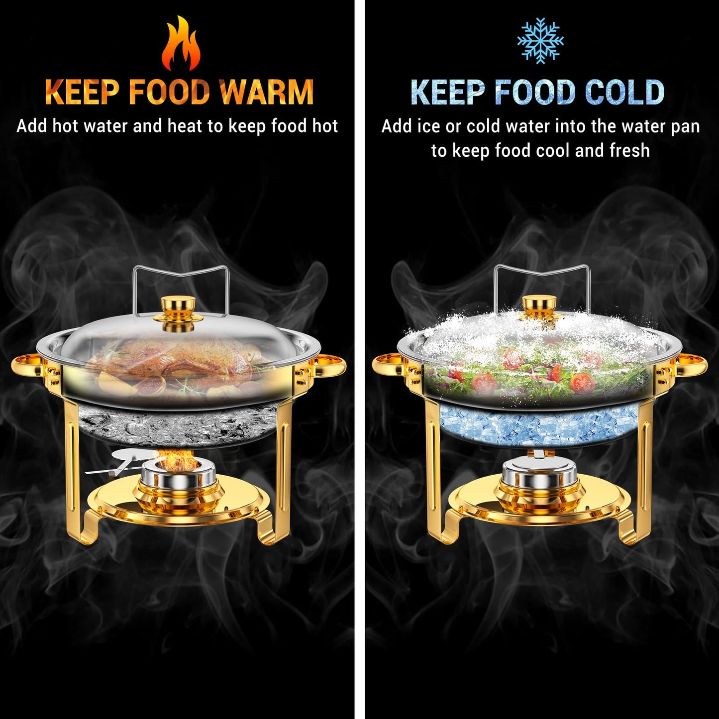 Keyoxy Round Chafing Dishes for Buffet 5 Qt,High Grade Chafing Dish Buffet Set, Full Size Pan,Rolled-Edge Design Food Warmers for Parties,Buffet,Wedding,Birthday,Camping 4 PACK (Gold)