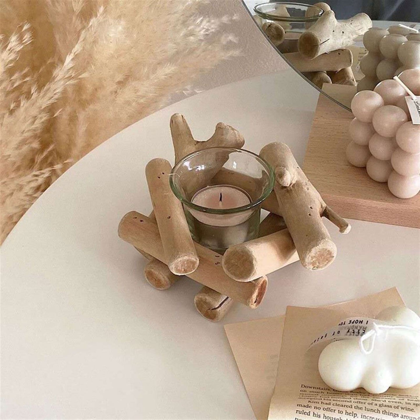 Decorative Candlestick Simple Wooden Candlestick Pastoral Style Glass Creative Decorations Photographic Props Desktop Decorations Candlestick
