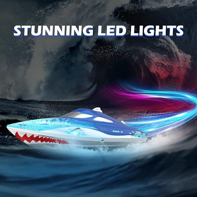 DEERC Full Proportional Remote Control Boat with LED Lights Shark Graffiti 20+ MPH2.4GHz High Speed RC Racing Boats for LakesPool Toys for Kids &amp Adults