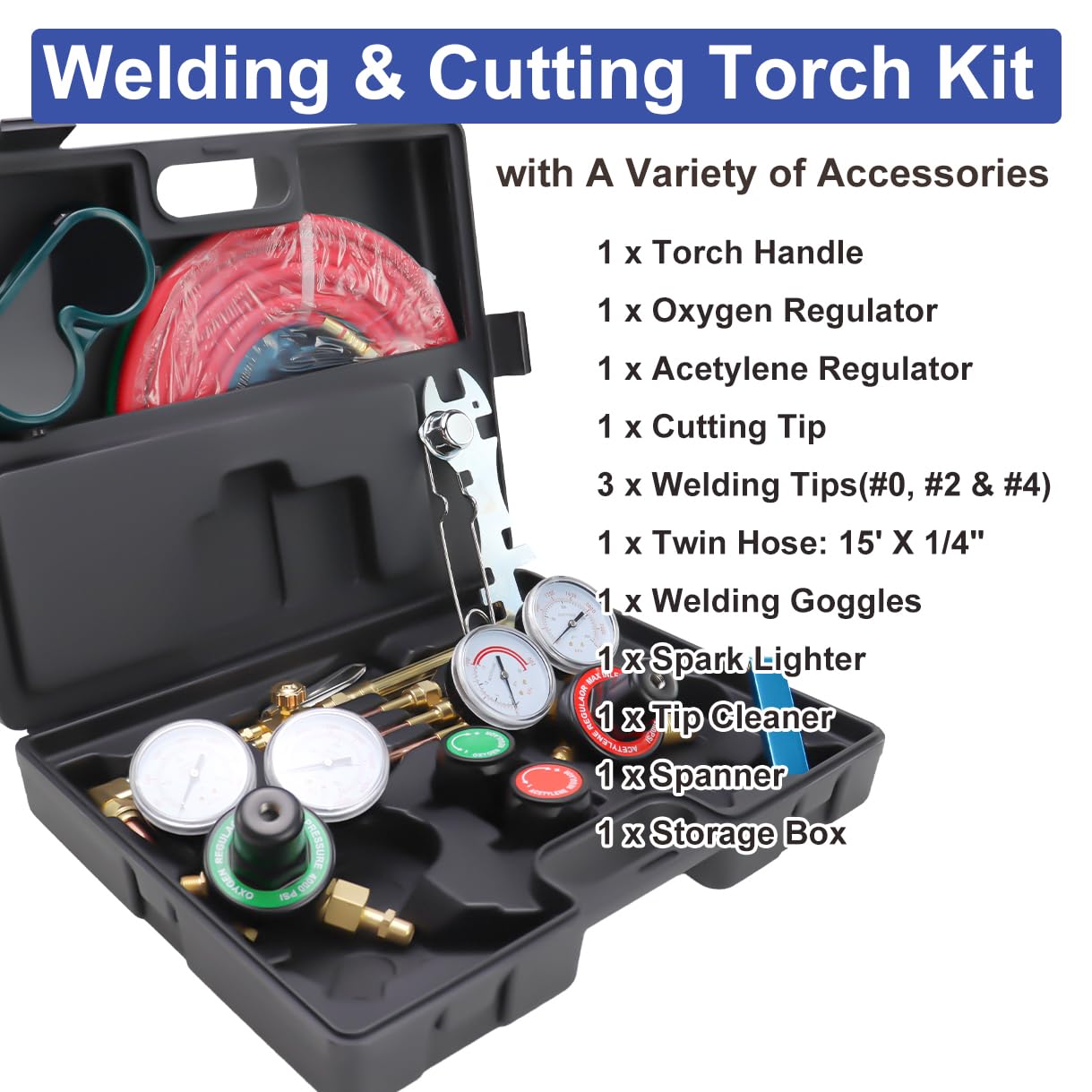 Oxy Acetylene Torch Kit, Gas Cutting Torch Welding Kit with Cutting & Welding Nozzle Gas Regulator & Oxygen Acetylene Gas Hose，Medium Duty Oxygen Acetylene Torch Kit Welder Tool Set