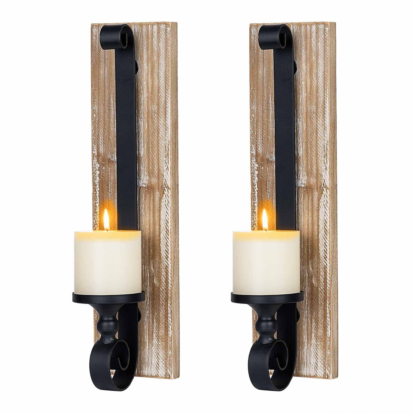 Wall Sconce Candle Holder (Set of 2) Black Wall-Mount Metal and Wooden Candle Holders for Living Room, Bathroom, Dining Room