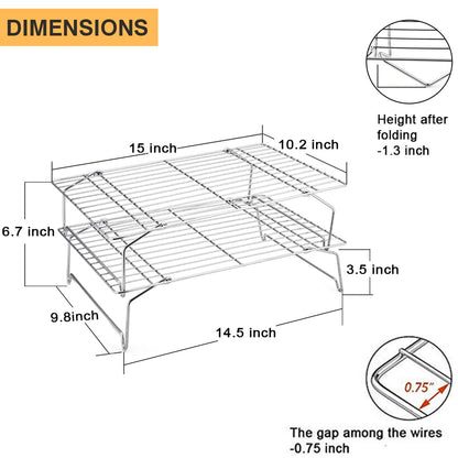 P&P CHEF Cooling Rack Set of 2, 2-Tier Stackable Stainless Steel Wire Racks for Baking Cooking Cooling Roasting, Collapsible & Heavy Duty, Oven Safe & Easy Clean, 15" x 10", Silver