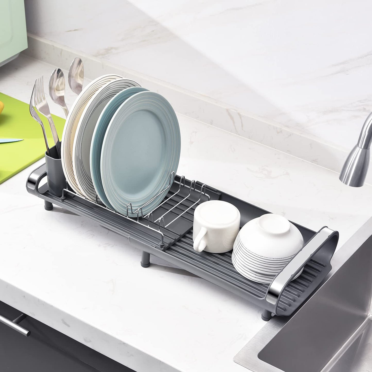 TOOLF Expandable Dish Rack, Compact Dish Drainer, Stainless Steel Dish Drying Rack with Removable Cutlery Holder, Anti Rust Plate Rack, Small Sink Drainer for Sink or Kitchen Countertop