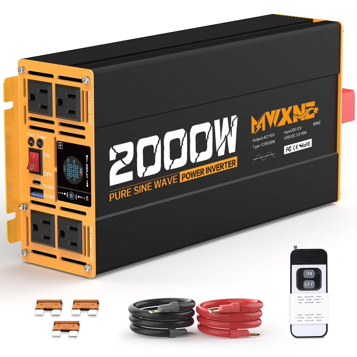 MWXNE 2000W Pure Sine Wave Inverter 12V DC to 110V 120V AC Car Converter for RV Truck Off-Grid Solar Power Inverter with 4 AC Outlets, USB/Type-C Fast Charging Ports, LCD Display, Remote Control