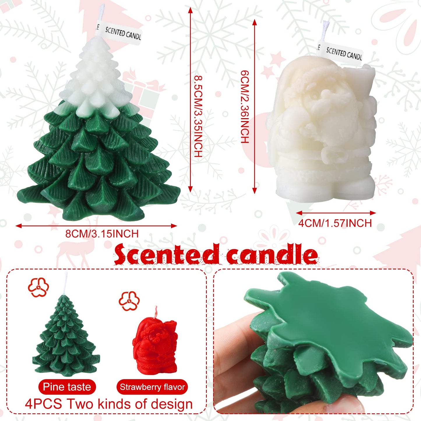 Minatee 4 Pieces Large Christmas Candles Tree Santa Scented Xmas Tree Shaped Candles Gifts for Home Party Room Table Decorations, 2 Style