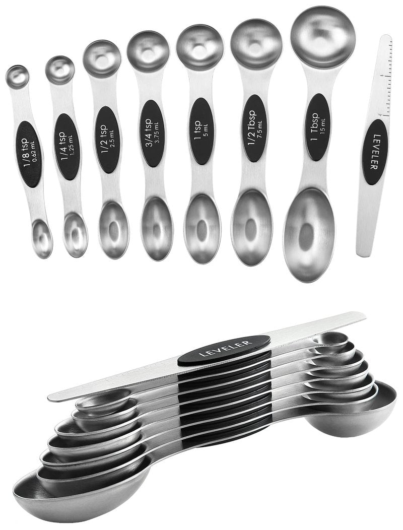 Spring Chef Magnetic Measuring Spoons Set, Dual Sided, Stainless Steel, Fits in Spice Jars, Teal, Set of 8, 2 Pack
