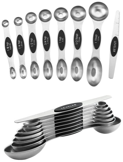 Spring Chef Magnetic Measuring Spoons Set, Dual Sided, Stainless Steel, Fits in Spice Jars, Pine Green, Set of 8, 2 Pack