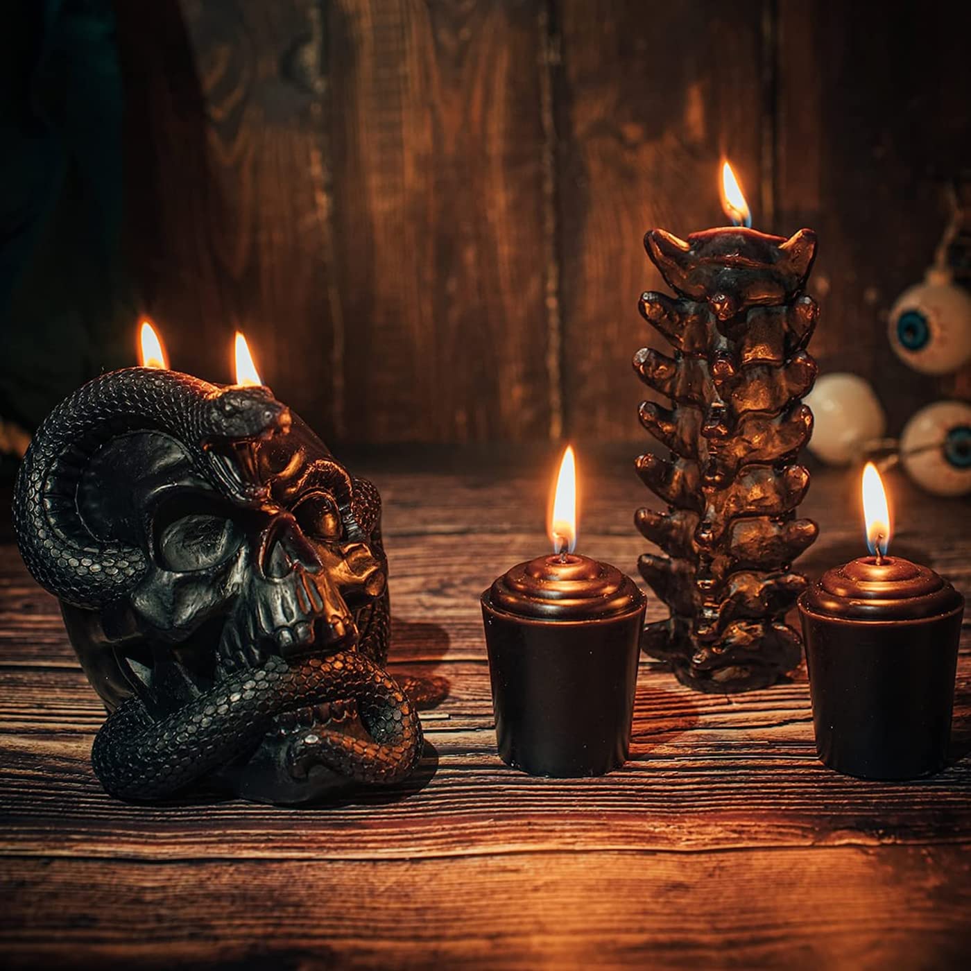 Skull & Spine Candles 4 Pack - Skeleton Snake, Spine & Black Bones Candle, Skulls, Magic Skulls Candlestick Spooky Gothic Emo Decor, Home & Bar Decoration, Large Creepy Skeletons Decorations