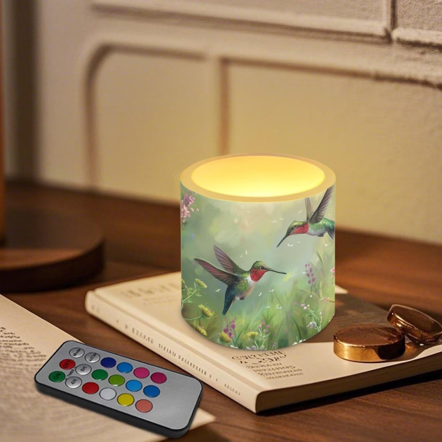 Cozeyat Green Floral Hummimgbird Versatile LED Candles Set of 4 Battery Operated Flameless with Remote Timer Waterproof Dancing Flame for Table Patio Beach Home Decoration