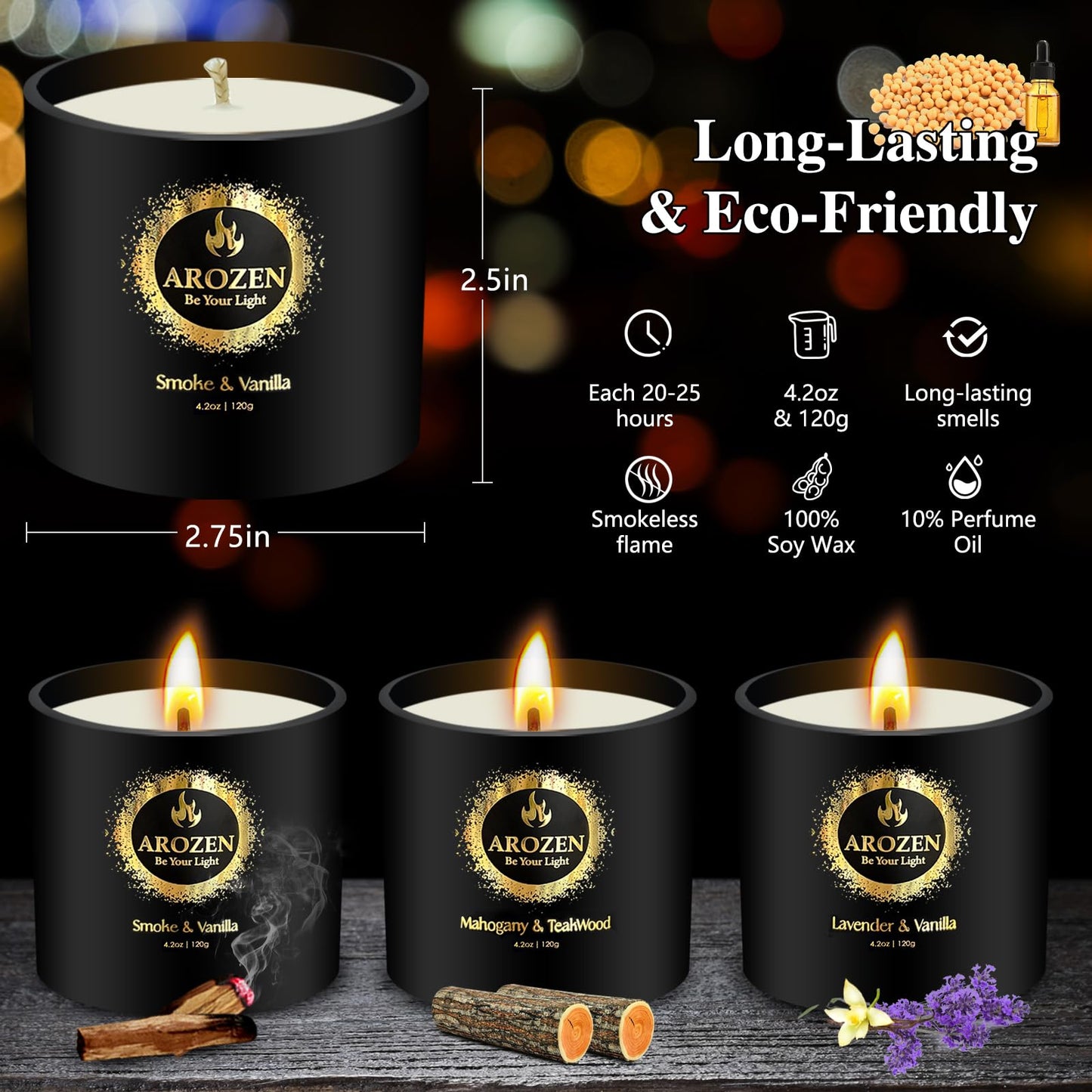 AROZEN 3 Pack Candles for Home Scented, Scented Candles Gifts Set for Men, Aromatherapy Soy Candle of Lavender, Mahogany Teakwood & Smoke Vanilla, Gifts for Men Fathers Day Valentine's Day Present