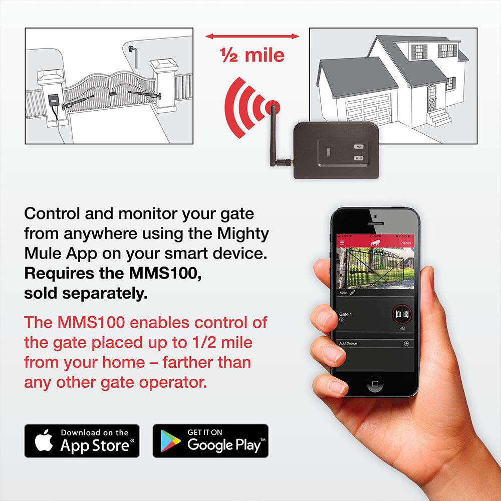 Mighty Mule Gate Opener, Solar and Smart Ready, Heavy Duty Automatic Gate Opener, Gates up to 18ft or 850lb, Single Gate Opener - Estate, MM571W-EST