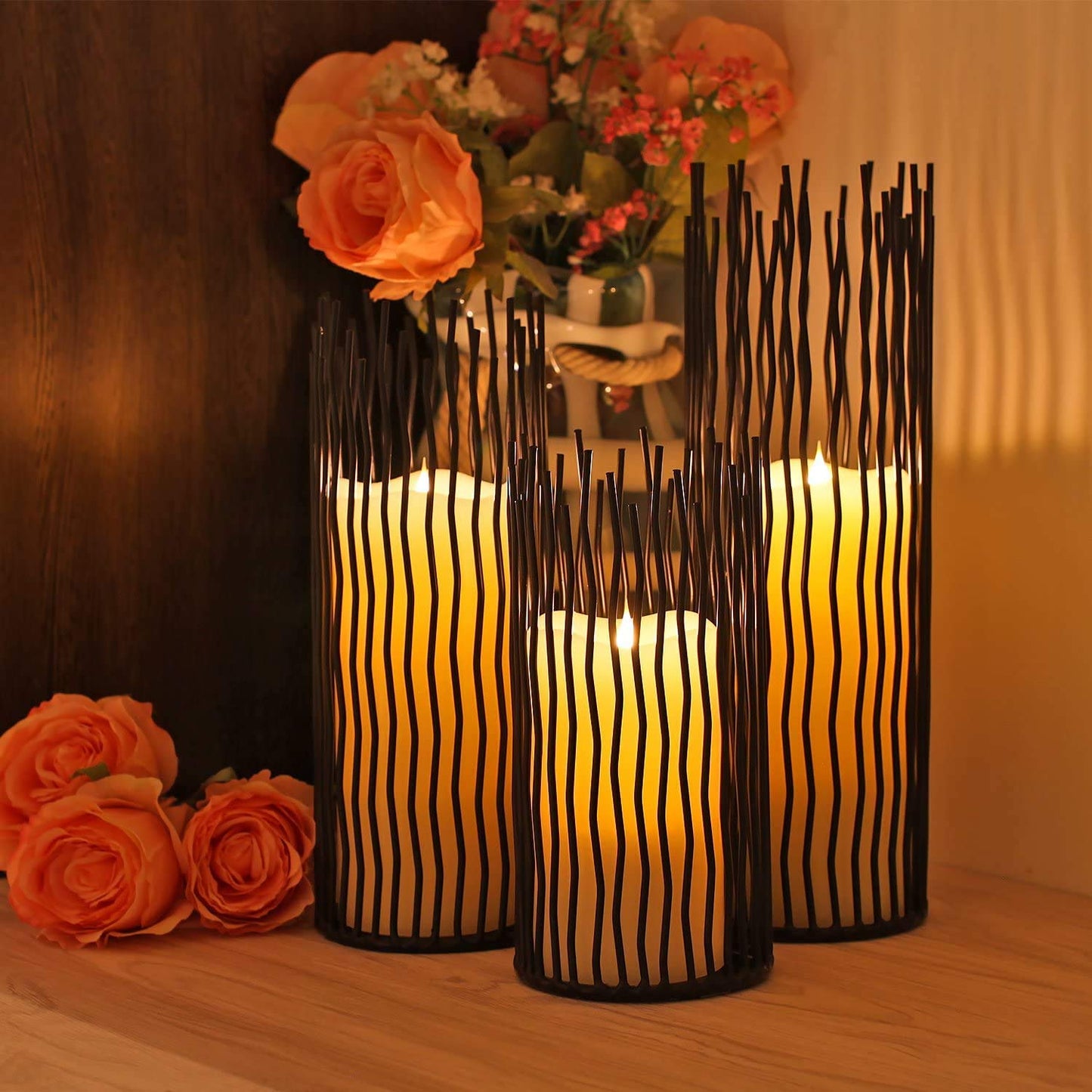 Candle Holders Set of 3 Black Metal Iron Pillar Candlestick Modern Indoor and Outdoor Candlestick Holders for Table Centerpiece Fireplace Mantel Decoration,Home,Party, Wedding,Dining Room Decor