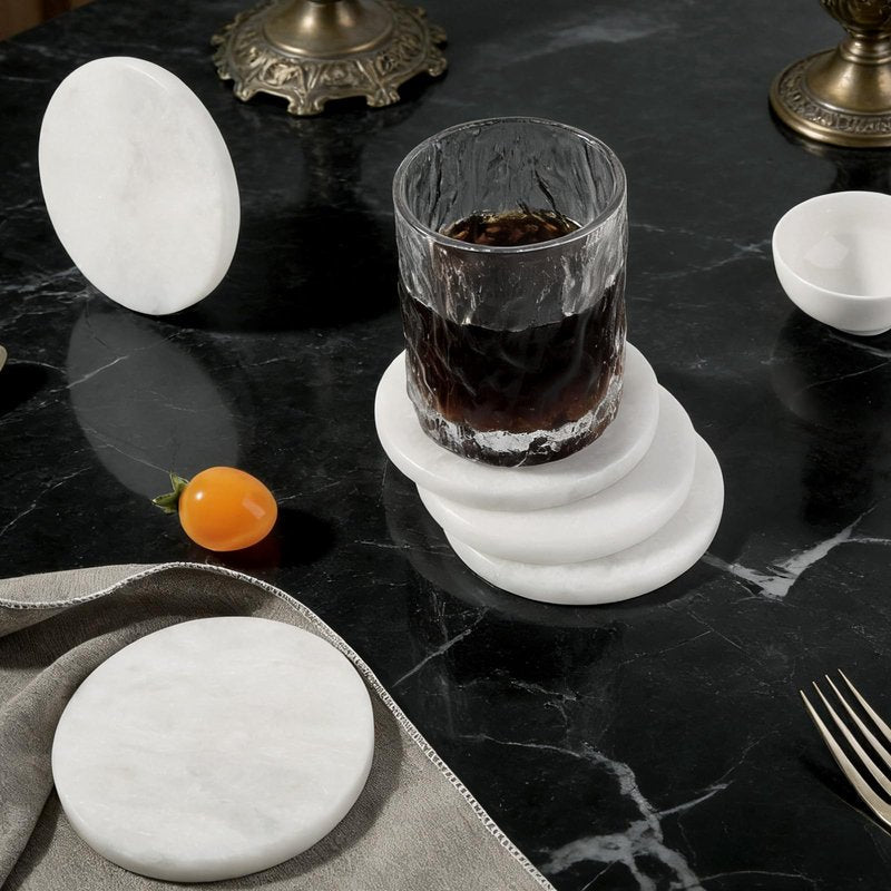 Koville White Marble Coasters Set of 6 for Coffee Table, 3.9" Inches Handmade Round Coaster, Luxury Aesthetic Modern Drink Coaster for Table Décor Home Décor, Coasters for Dining, Bar or Office