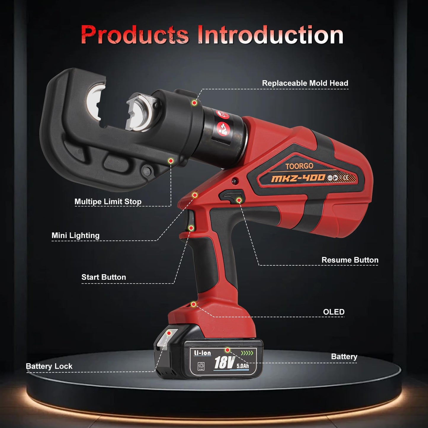 TOORGO Electric Crimping Tool,12 Ton 6AWG-800MCM Rechargeable Cable Crimper for Al/Cu Terminals, Wire Crimping Tool Kit with 13 Dies and Batteries,Red