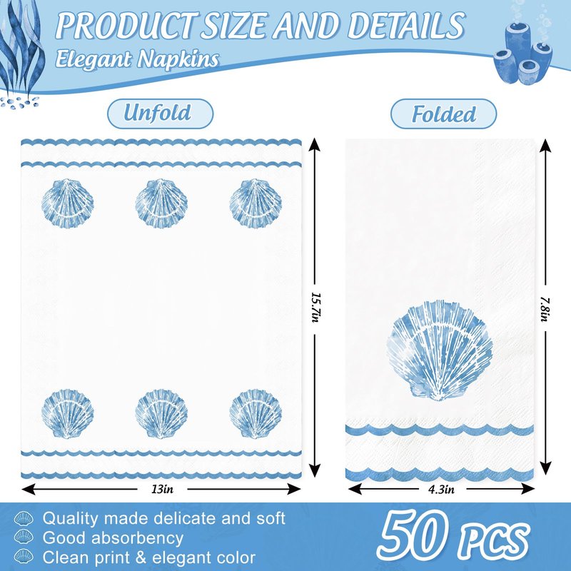 FYSUIMU 100 Pcs Blue Seashell Guest Napkins Sea Shell Scalloped Disposable Napkins Ocean Dinner Paper Hand Towels for Bathroom Summer Holiday Party Table Supplies