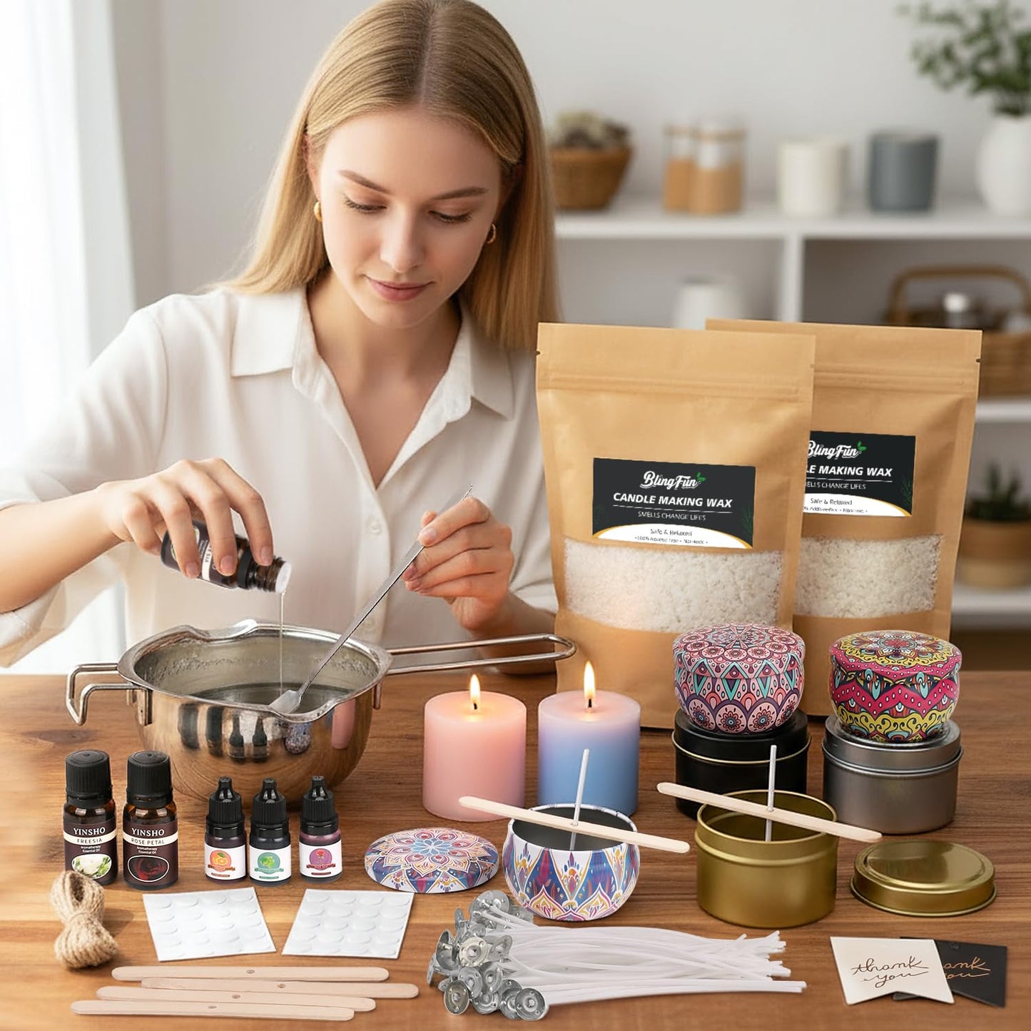Blingfun 2LB Soy Wax Candle Making Kit,DIY Candle Making Supplies with Wicks, Stickers,Candle Jar, Melting Pot,Fragrances Oils & Dyes,Scented Candle Starter Full Kit for Adults (2LB)