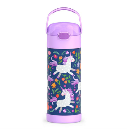 THERMOS FUNTAINER Water Bottle - 12 Ounce Kids Stainless Steel Vacuum Insulated with Straw | Unicorn Blooms
