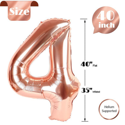 Rose Gold 4 Balloon, Number Balloons 40 Inch, 4th Birthday Decorations for Girls Boys, Four Large Numbers for Party Decor, Number 4 Balloon