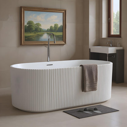 59" Free Standing Tub, Acrylic Soaking Bathtub, Stand Alone Freestanding Tub with Matte Sliver Drain and Overflow, Contemporary Bathtub for Bathroom, Pleated Gloss White