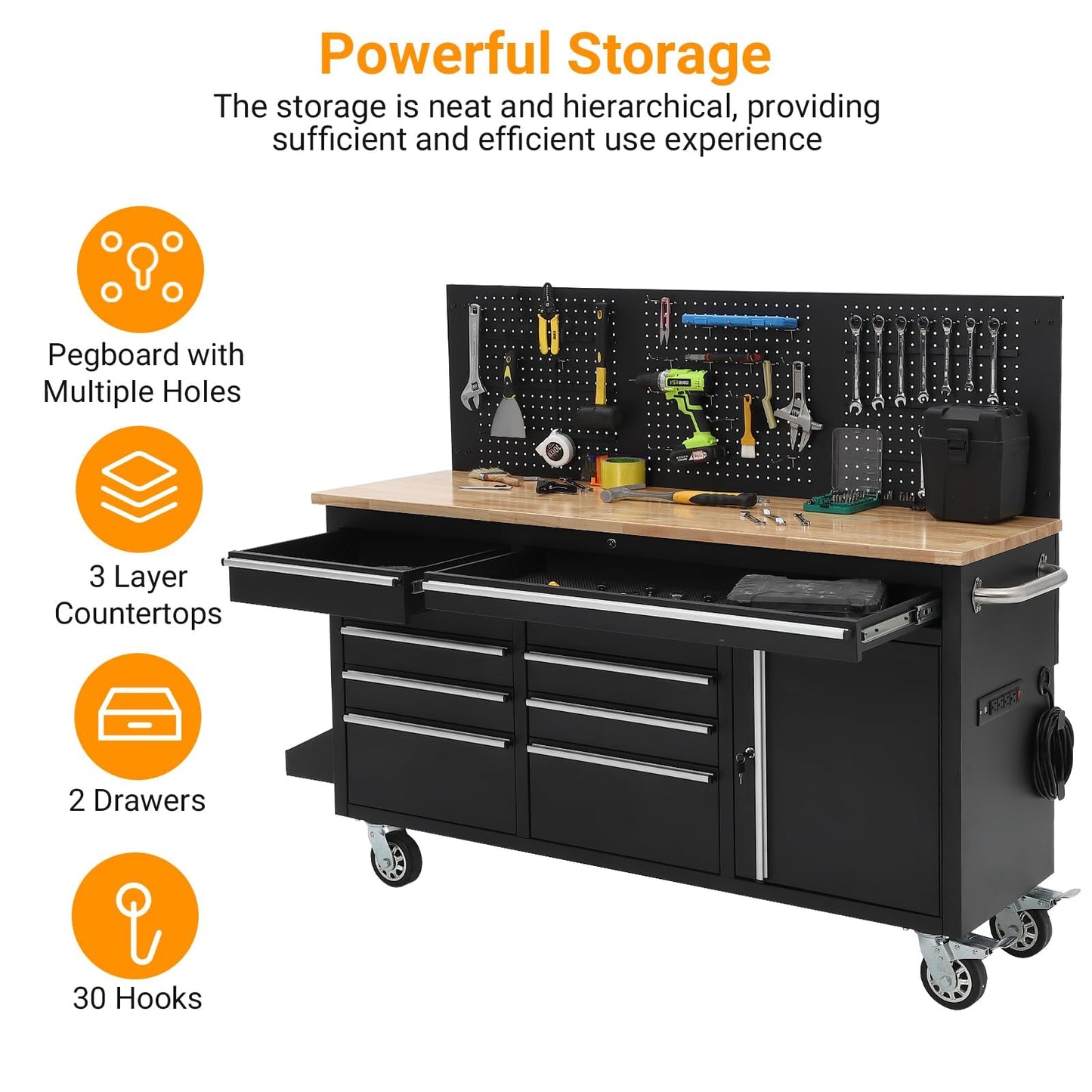 61" Rolling Tool Chest Workbench with 10-Drawers & Solid Rubber Wood Top, Mobile Heavy Duty Tool Storage Cabinet with Lock, Casters, Drawer Liner & 1675 LBS Load Capacity, Includes Power Strip
