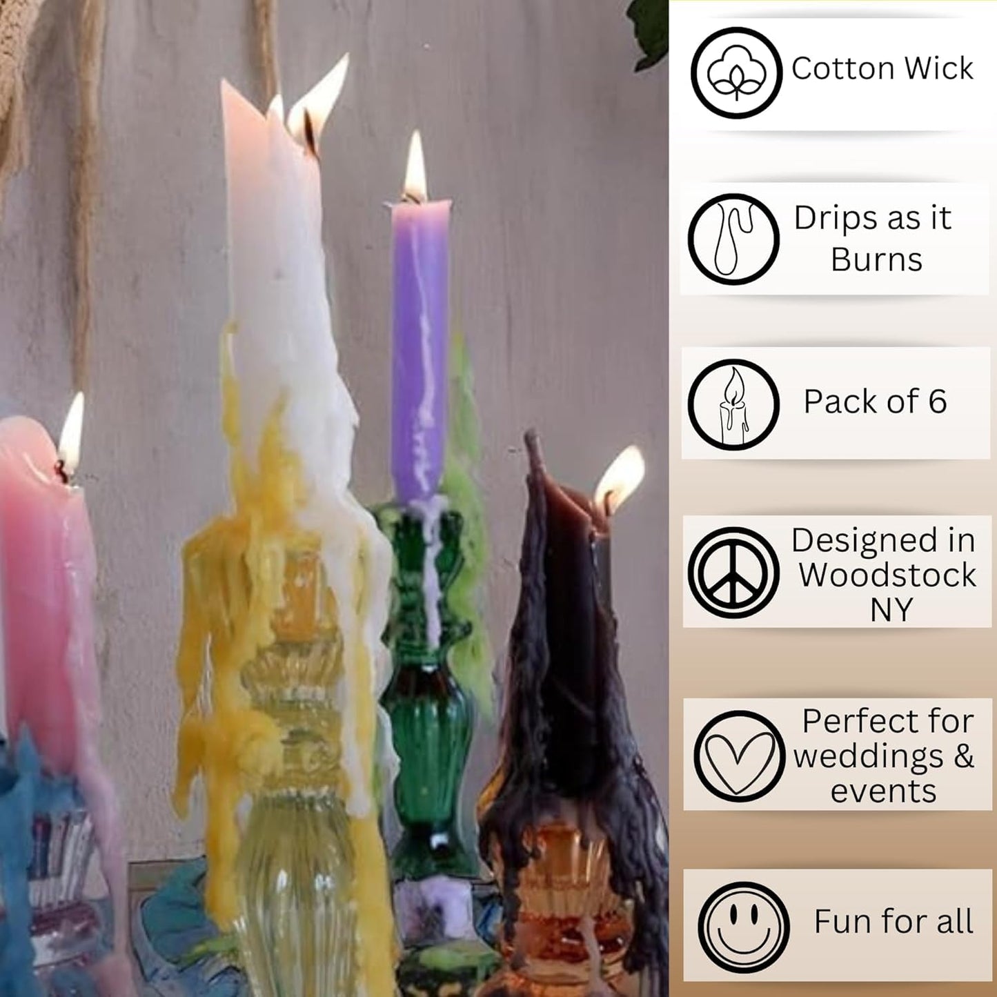 Candlestock Hippie Drippy Drip Candles - Pack of 6 Dripping Tapers - Wine Bottle Melting Candles (Multi Pack (White, Ivory, Black, Blue, Orange, Green))