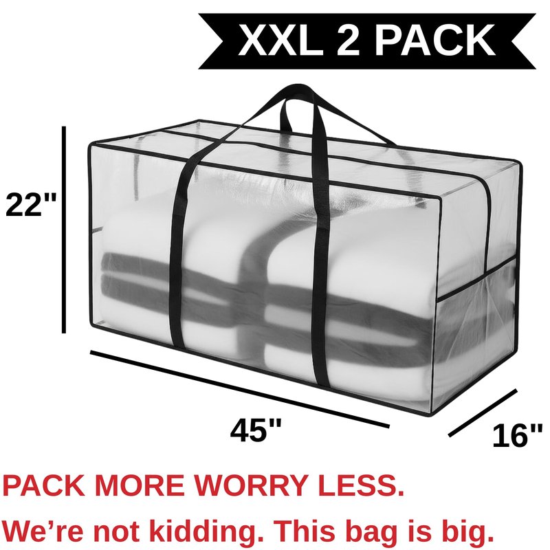 68.5 GAL 2 Pack XXL Jumbo Extra Large Heavy Duty Stronger Handles Storage Bags Moving Totes Zippered Reusable Wrap Around Handle Storage Totes (Translucent/Semi-Transparent)