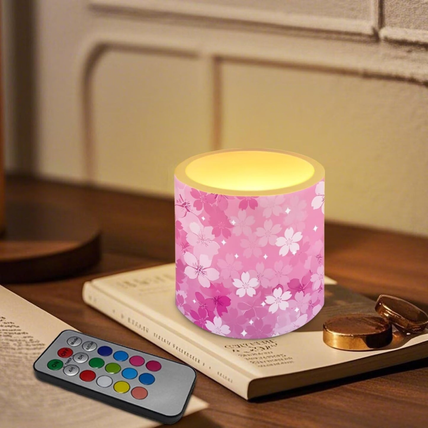 Cozeyat Pink Blossom Flameless Candles 4 Pack Battery Operated with Remote Control Timer LED Pillar Candles Waterproof for Indoor Outdoor