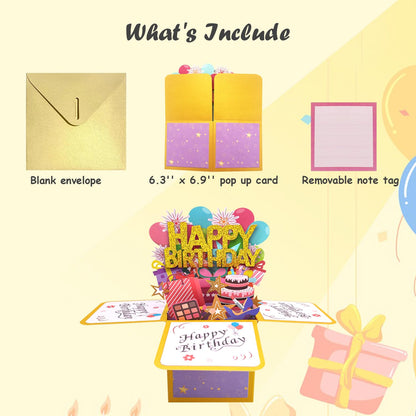 ROBBEAR Funny Happy Birthday Pop Up Card, Sweet 3D Birthday Gift Box for Adults and Kids with Envelopes, Unique Handmade Foldable Celebration Cards for Daughter, Son, Mom, Dad, Friend