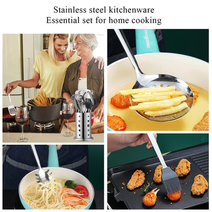 Stainless Steel Kitchen Utensils Set 40 Pieces, Cooking Utensil Set with Utensils Holder, Kitchen Gadgets Kitchen Essentials New Home, House, Appartment Must Have, Metal Spatula Set